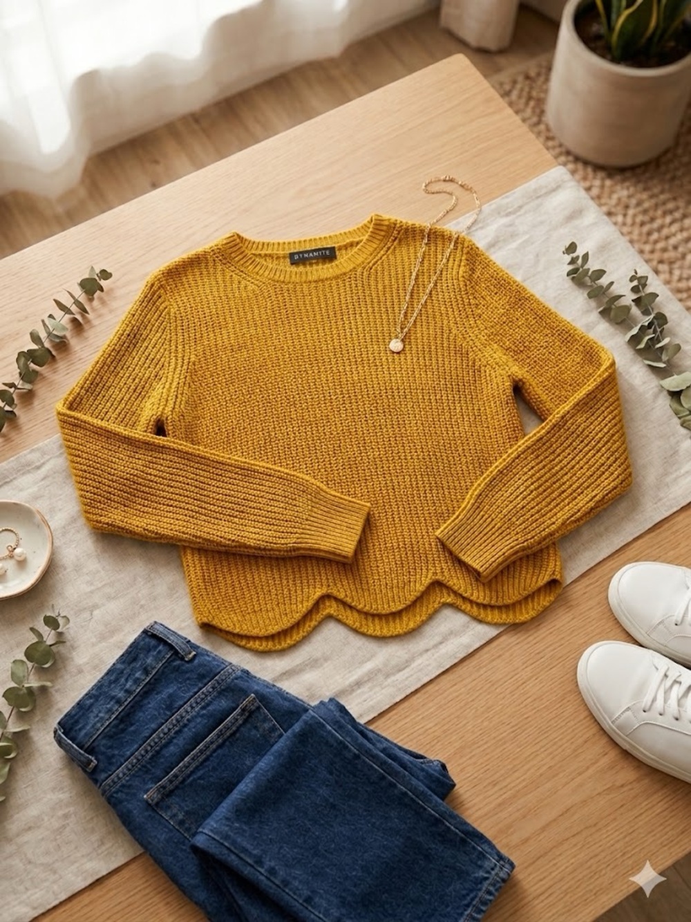 Dynamite Mustard Ribbed Crewneck Sweater